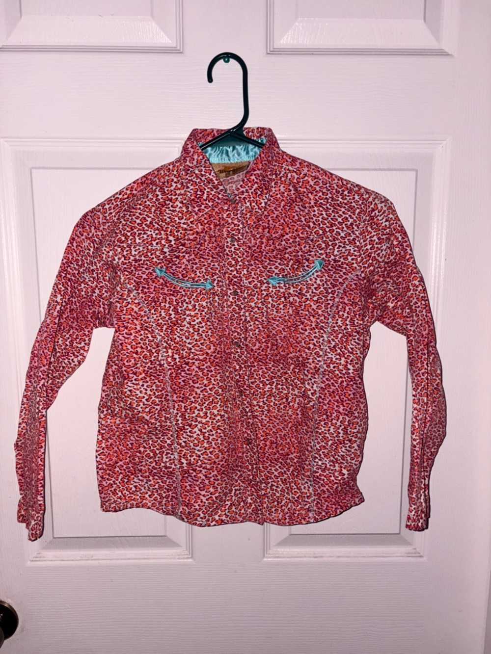 Wrangler Pink Leopard Print Button-Down Shirt with Turquoise Trim